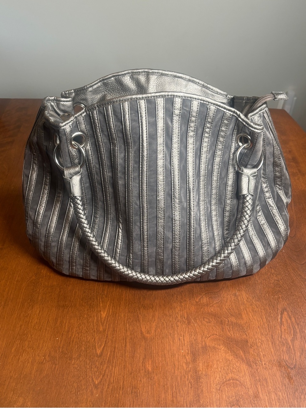 Metallic Silver Striped Shoulder Bag - Women